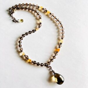 Smokey Quartz and Sterling Silver Beaded Necklace with Teardrop Pendant